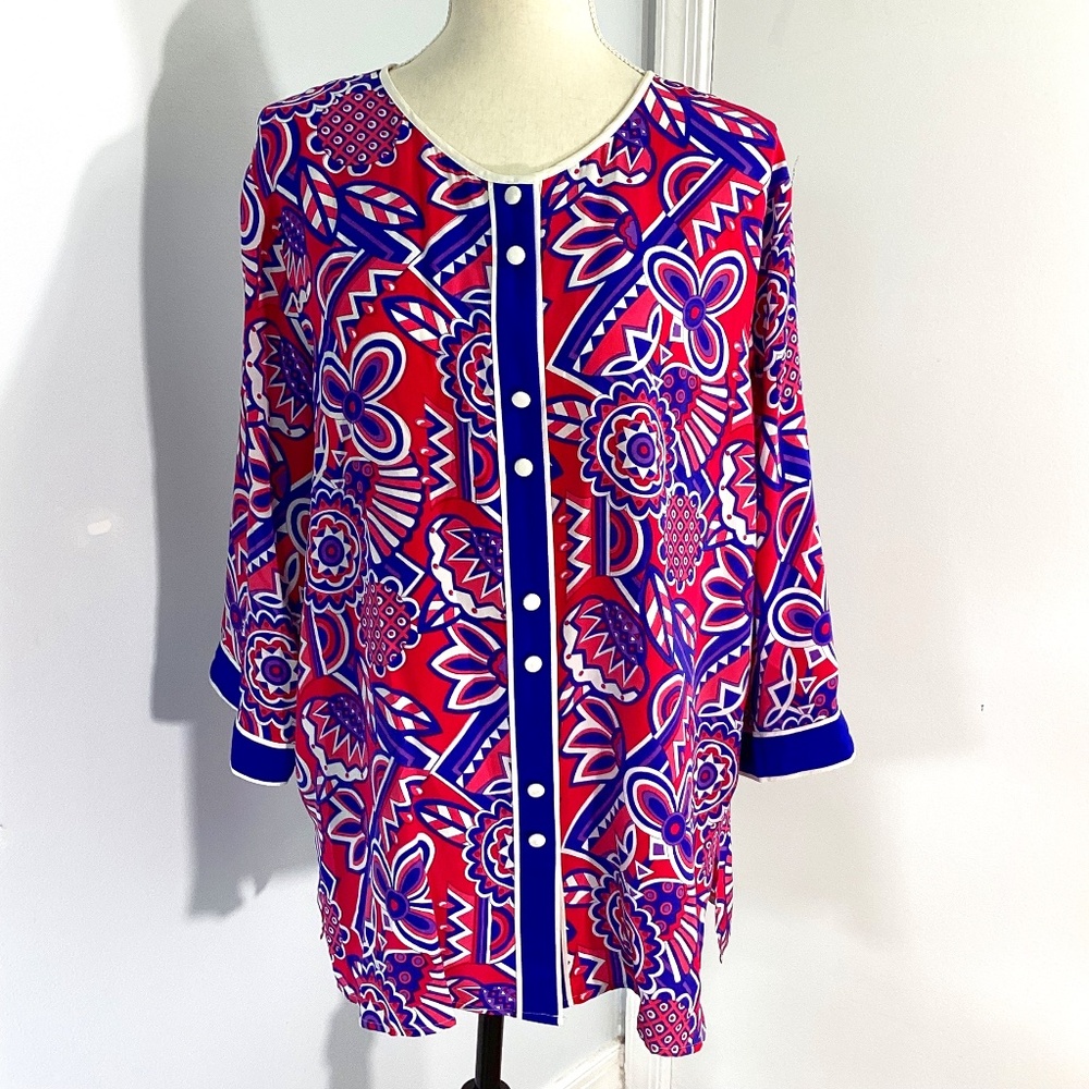VTG BOB MACKIE WEARABLE ART SIZE LARGE FLORAL100% SILK TUNIC ARTSY FESTIVAL